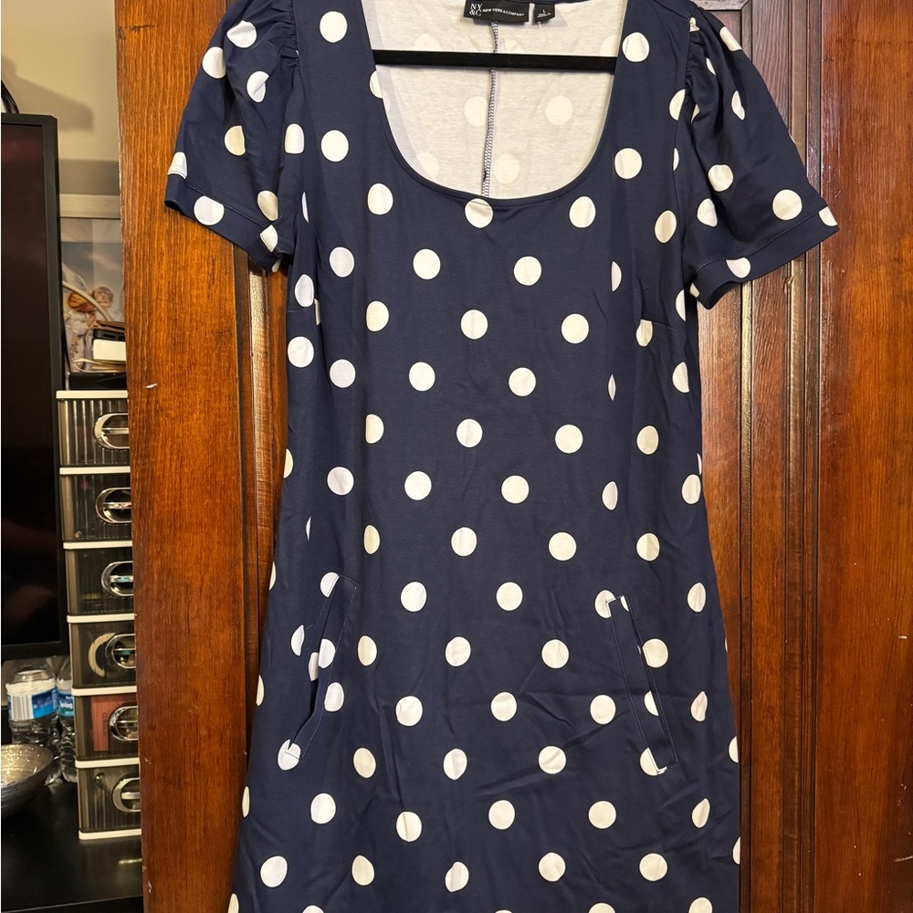New York & Company Navy and White Polka Dot Mini Dress